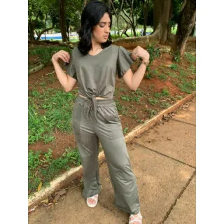 Blusa de amarrar manga flare e calça pantalona em conjunto suede feminino - Verde Claro