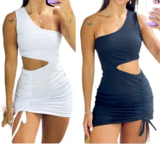 Moda Feminina - Vestido Curto Drapeado Colado Canelado Aberto na Cintura - Vestido(03) argola preto 34/36
