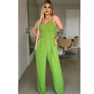 Tecido Duna Macacão Feminino Pantalona Luxo Longo Costa Látex (36 ao 46) - Verde Bandeira