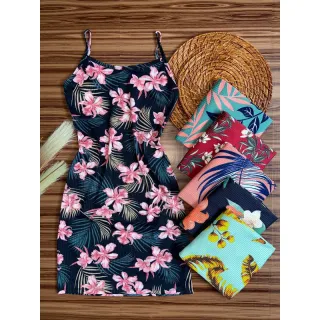 Curto Estampado Vestido Alcinha Canelado - Estampa variada