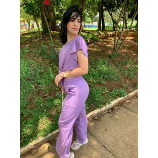 Blusa de amarrar manga flare e calça pantalona em conjunto suede feminino - Verde Claro