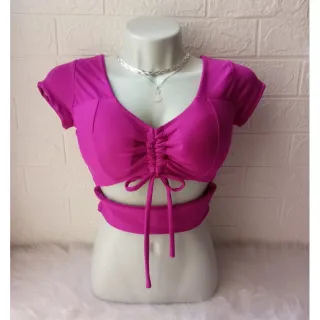 Blusa Manga Curta Cropped Feminino Vazado com Bojo Suplex - Blogueirinha - ROXO FUCSIA