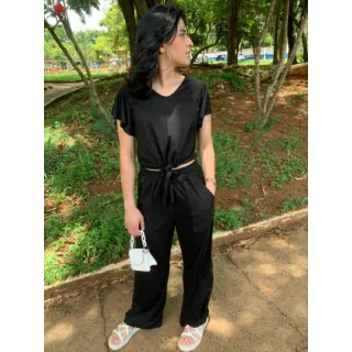 Blusa de amarrar manga flare e calça pantalona em conjunto suede feminino - Verde Claro