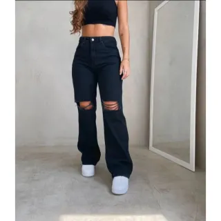 Calça pantalona feminina cintura alta wide leg em jeans 100% algodão - Wid preta rasgo no joelho