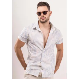 Camisa Estampada Manga Curta de Botão em Algodão Masculina - Vinho - 2023