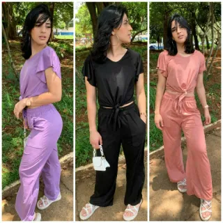 Blusa de amarrar manga flare e calça pantalona em conjunto suede feminino - Verde Claro