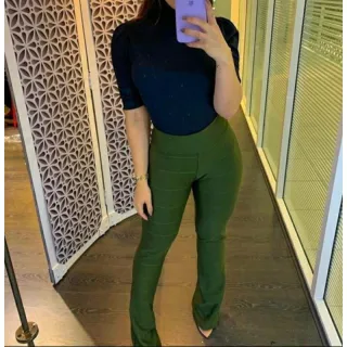 Cintura Alta Calça Flare Bandagem Tecido Grosso - Verde