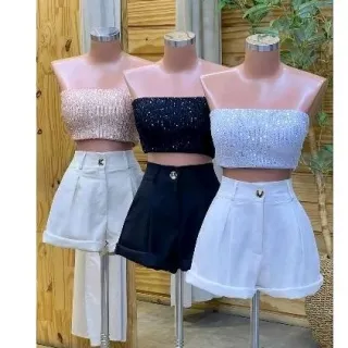 Moda Verão Botão Linho Short Feminino - Verde LIMA