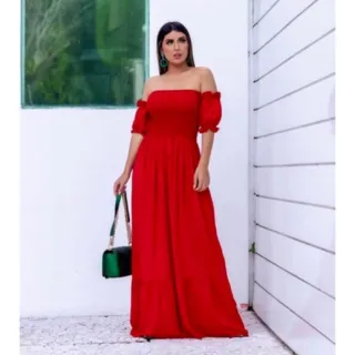 Moda Evangélica Vestido Longo Ombro a Ombro Viscolinho Ciganinha Veste 36 ao 46 Com Forro - Vermelho