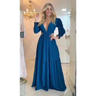 Lançamento Vestido Longo Feminino Manga Longa Decote Profundo Casamento - Roxo