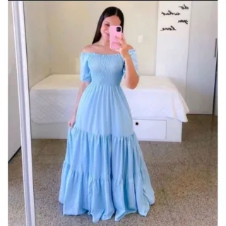 Vestido longo princesa blogueira feminino, REF - 203 - Verde água