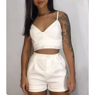 Conjunto Estiloso Feminino de Alfaiataria (SHORT+CROPPED) - Azul Céu