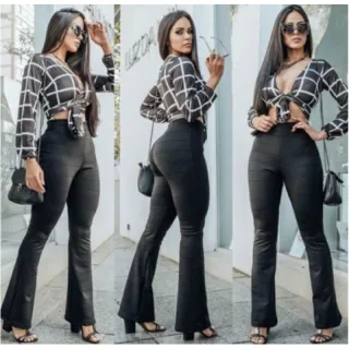 Cintura Alta Calça Flare Bandagem Tecido Grosso - Verde