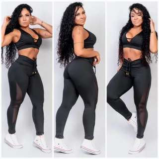Top com bojo Fitnnes leg tela + conjunto calça legging cintura alta - Preto