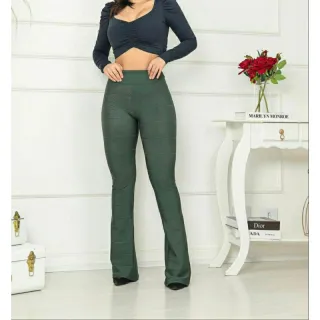 Cintura Alta Calça Flare Bandagem Tecido Grosso - Verde