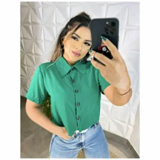 Viscolinho Camisa Social Cropped Feminina com Botões - Verde Bandeira