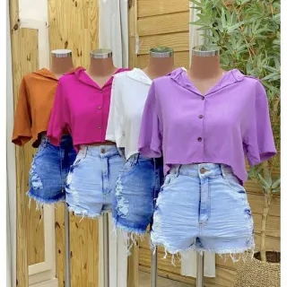 Viscolinho Camisa Social Cropped Feminina com Botões - Branco