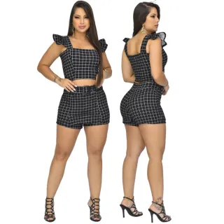 Conjunto Croped e Short Saia Xadrez em Crepe de Malha - C.S.A Laranja Xadrez