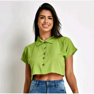 Viscolinho Camisa Social Cropped Feminina com Botões - Verde Bandeira