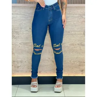 Calça feminina cintura alta sal e pimenta jeans - Forma PEQUENA/ bordado 0146