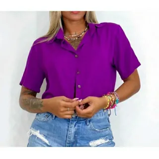 Viscolinho Camisa Social Cropped Feminina com Botões - Verde Bandeira