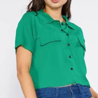 Viscolinho Blusa Feminina Cropped Camisa Verão 2023 - mostarda