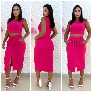 Cropped e saia midi feminino com amarração - Ref:03 - Preto
