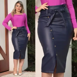 Saia azul midi reta em couro fake - Marsala