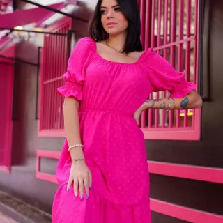 Vestido feminino estilo Ciganinha em tecido Duna liso e com detalhes em duna pipoca, manga princesa - moda verão - Verde Bandeira