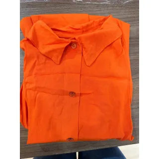 Moda feminina: Camisa social manga curta, camisão vestido com botão - Laranja