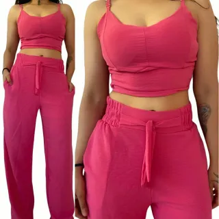 Calça pantalona e cropped feminino em alfaiataria duna areia - Rosa