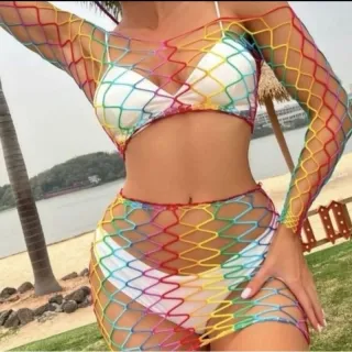 Moda Gringa Carnaval: Vestido Colorido Telinha Arrastão Vazado - 3