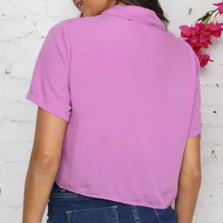 Viscolinho Blusa Feminina Cropped Camisa Verão 2023 - mostarda