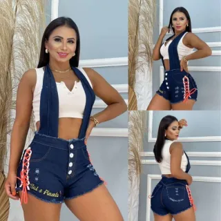 Cadarço Trançado em Jardineira Jeans Cintura Alta - JEANS CLARO