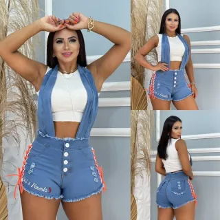 Cadarço Trançado em Jardineira Jeans Cintura Alta - JEANS CLARO