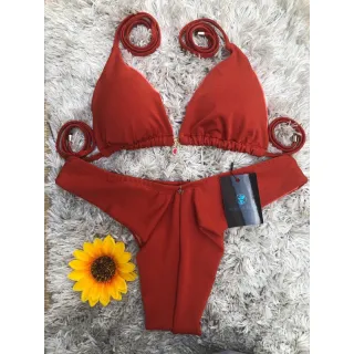 Promoção Biquini Fio Duplo com Busto Cortininha e Bojo Removível - vermelho canelado