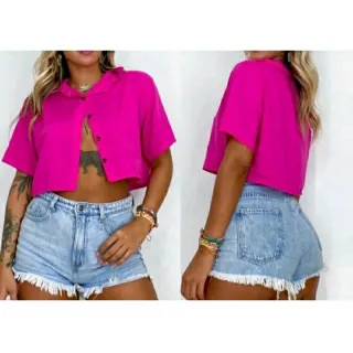 Viscolinho Camisa Social Cropped Feminina com Botões - Verde Bandeira