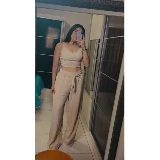 Calça pantalona e cropped feminino em alfaiataria duna areia - Rosa