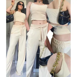 Calça pantalona e cropped feminino em alfaiataria duna areia - Rosa