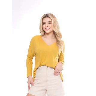 Moda Inverno: Blusa Feminina Manga Longa Gola V em Viscolycra - Preto