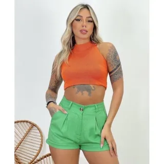 Moda Verão Botão Linho Short Feminino - Verde LIMA
