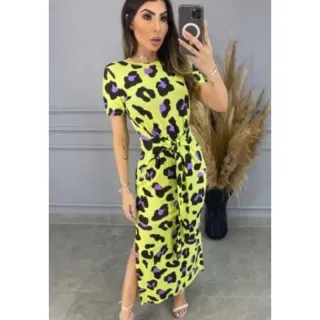 Vestido Longo Animal Print Feminino Midi - Estampado Onça Liso - - Lima c/ Lilas 2