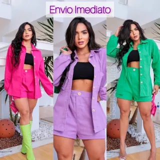 Moda Feminina: Conjunto de Blazer, Camisa e Short em Linho com Botões - - Pink