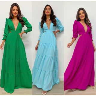 Lançamento Vestido Longo Feminino Manga Longa Decote Profundo Casamento