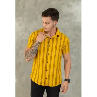 Pronta entrega! Camisa masculina manga curta slim fit jeans com elastano - jeans escura luxo.