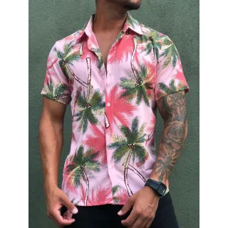 Verão2021 Masculina Havaiana Floral Florida Camisa Social - Branco com amarelo l