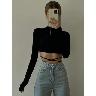 Moda Gringa: Cropped Manga Longa Delicatto Geladinho com Amarração na Cintura - Preto
