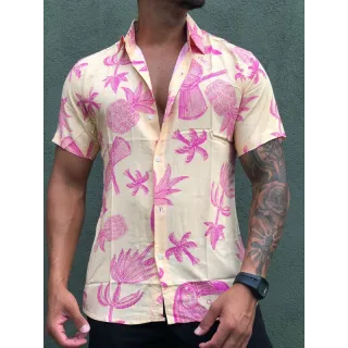 Camisa Havaiana Masculina Floral Florida Verão 2023 - Azul claro branco com preto