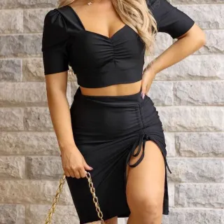 Moda Suplex Franzida Amarração Midi Fenda Lateral Saia - Onça