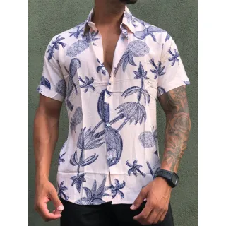 Verão2021 Masculina Havaiana Floral Florida Camisa Social - Branco com amarelo l